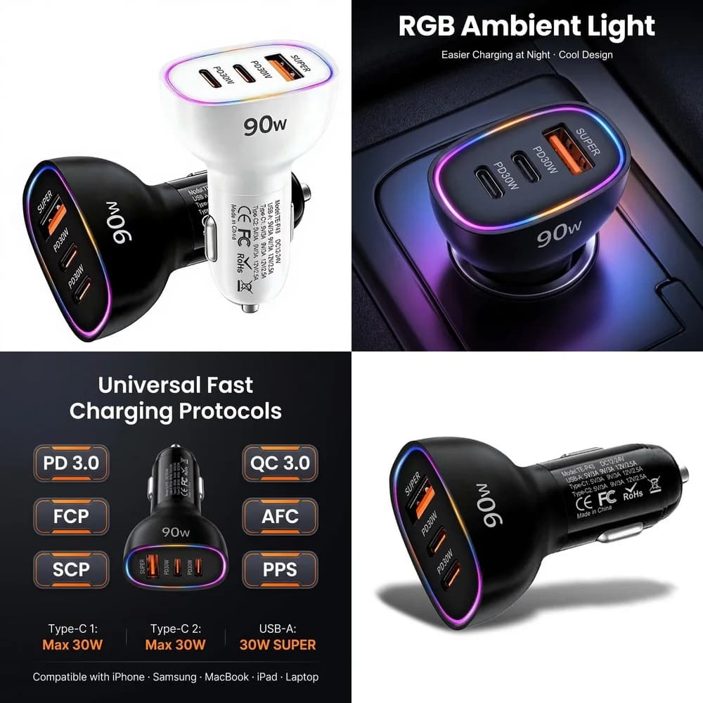 Super Fast Charging 90W Car Charger Multi Port Dual PD 30W Type C USB A 3 in 1 Adapter PPS QC3.0 SCP RGB Ambient Light 12V 24V