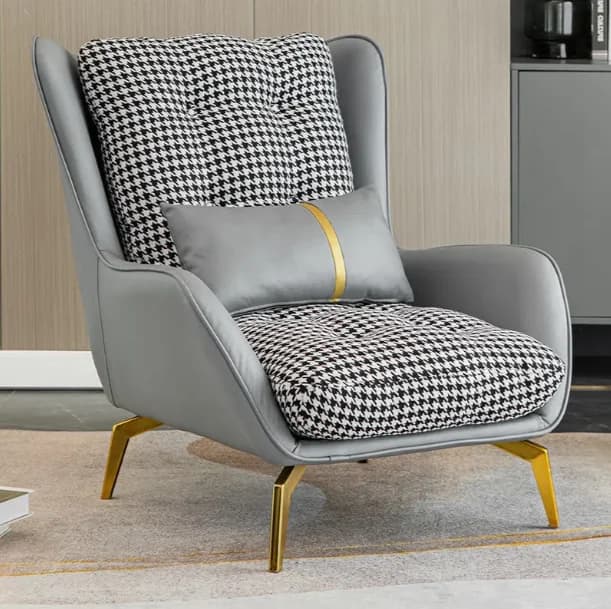 Poltrona Moderna con Gambe in Metallo, Sedia da Salotto in Tessuto e Velluto Patchwork, Poltrona Reclinabile Lounge