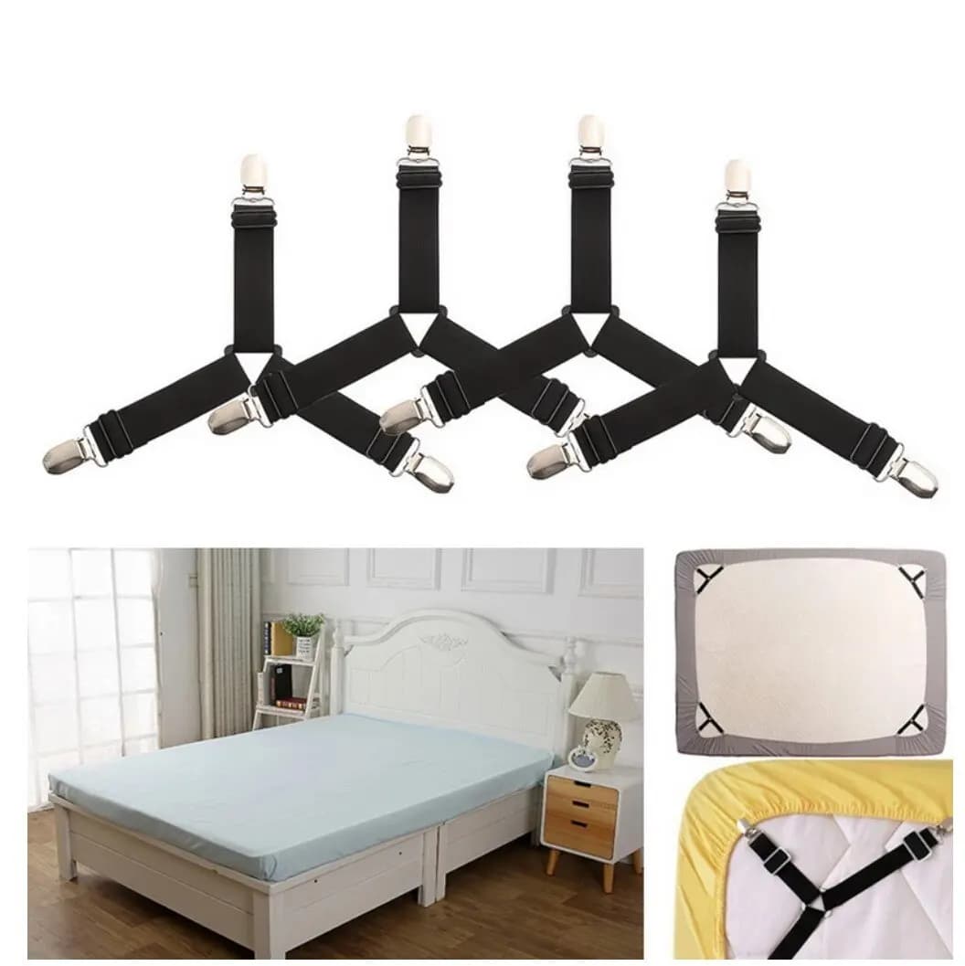 4 Pezzi Fissatori Regolabili per Lenzuola, Cinghie Elastiche per Coprimaterasso, Clip di Fissaggio Angolare, Ganci e Chiusure a Strappo