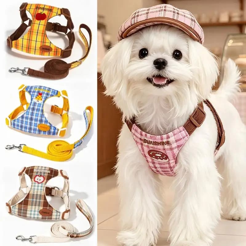 Adjustable Dog Harness with Leash Cute Plaid Puppy Vest Cartoon Print Cat Harness Walking Pet Chest Strap Dog Outdoor Product