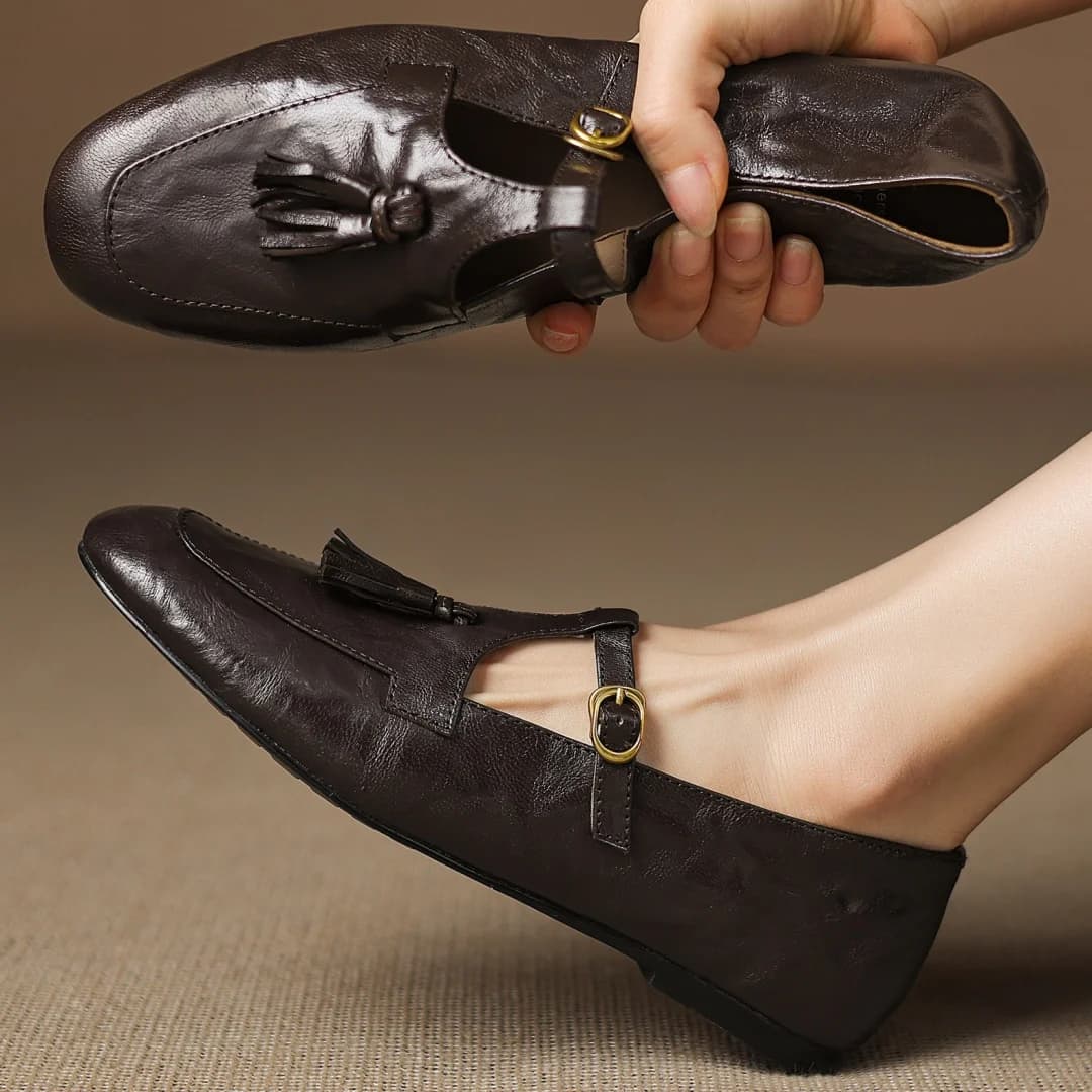 Danxuefei Mocassini da donna in pelle di pecora con punta tonda, fascia stretta, cinturino a T, slip-on, con frange, casual, morbidi e comodi per tutti i giorni