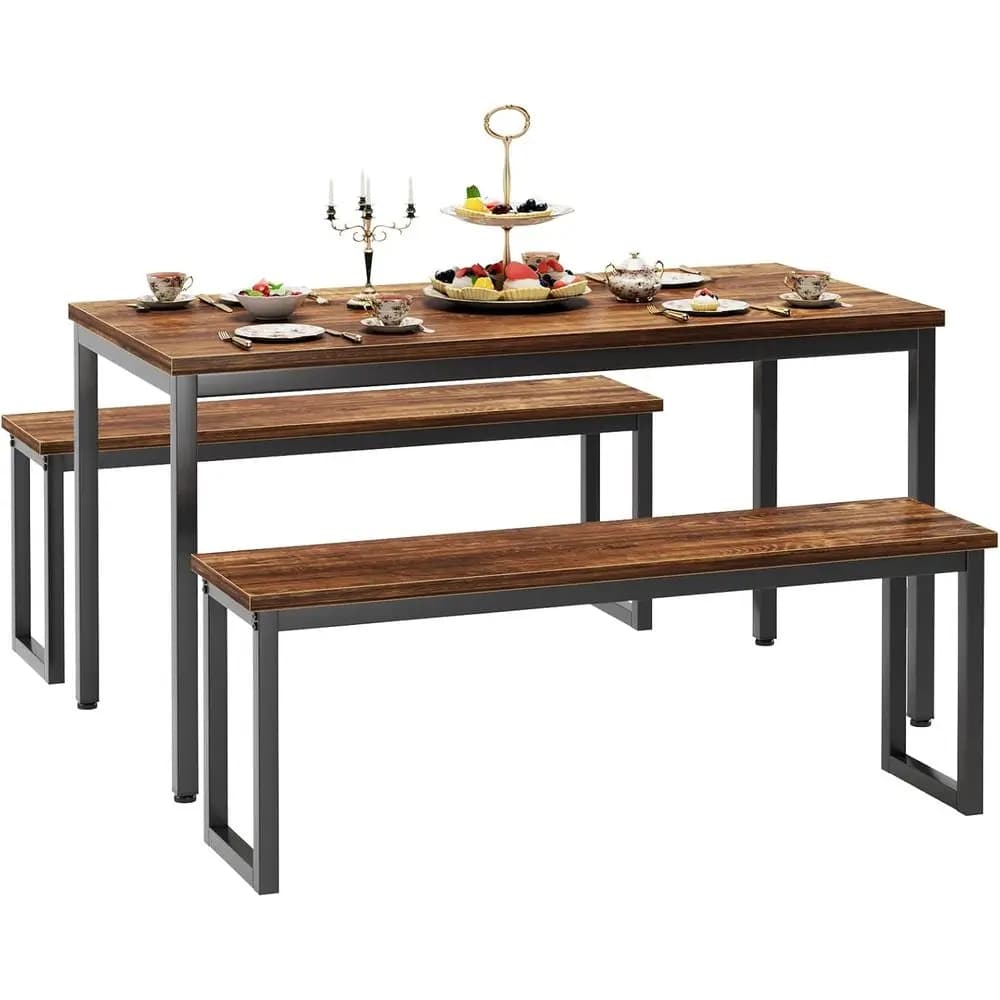 Set Tavolo da Cucina con 2 Panche, Set Tavolo da Pranzo con Panche o 4 Panche, Set da Pranzo in 3 Pezzi con Tavolo e Panche Lunghe, Tavolo da Colazione