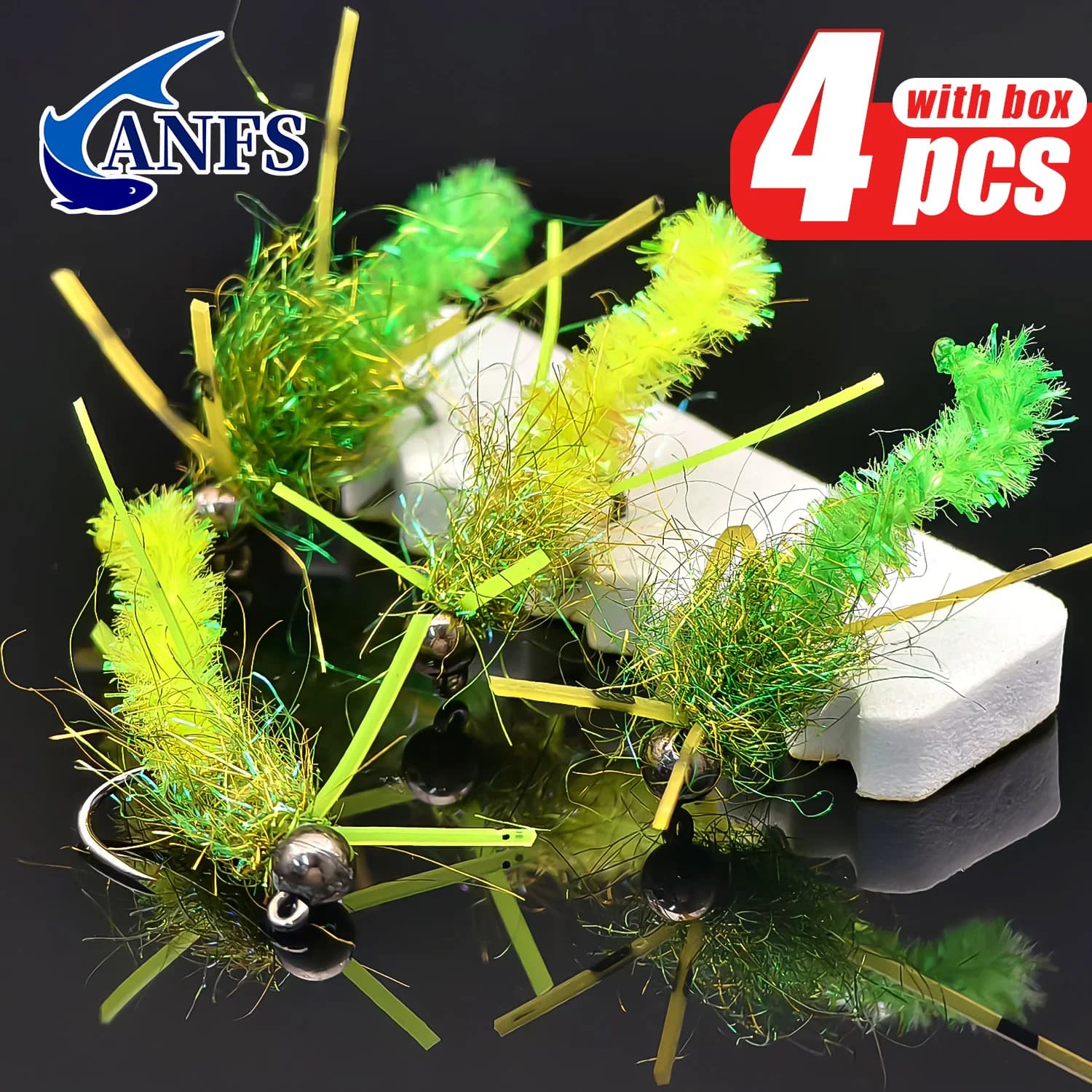 ANFS 4 pieces of assorted colors for mop, fly fishing flies with tungsten beads, hand tied flies