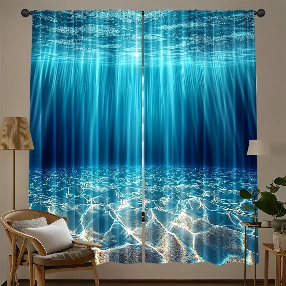 2pcs Deep Sea Curtains Underwater Sunbeam Sand Print Drape Relaxing Bedroom Window Treatment Ocean Calm Home Decor Panels