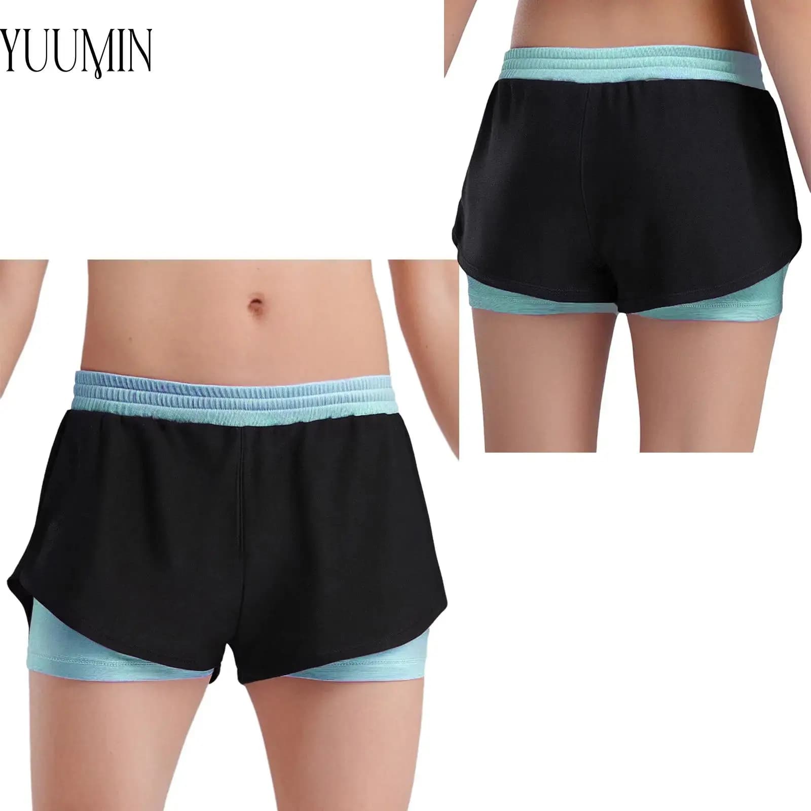 YUUUMIN New sports shorts for girls and girls Elastic belt Contrast shorts double layer for workout exercises Yoga Race Cycling