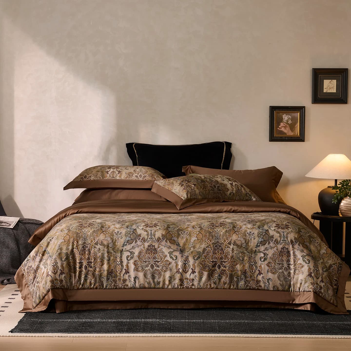 1000TC Egyptian Cotton Luxury Bed Linen Set with Vintage Barocca Floral Print, Copripiumino, Flat Bed Sheet/With Corners, Loyalty, 4 Pieces