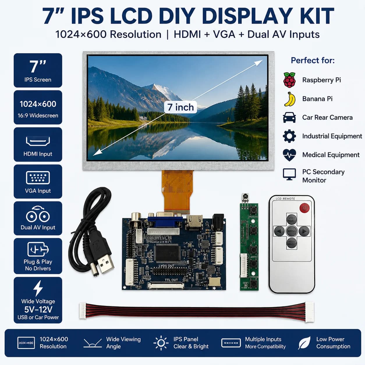 Schermo LCD IPS da 7 Pollici e Kit Scheda Driver HDMI VGA/AV per Raspberry Pi, Schermo Secondario per PC e Dispositivi HDMI