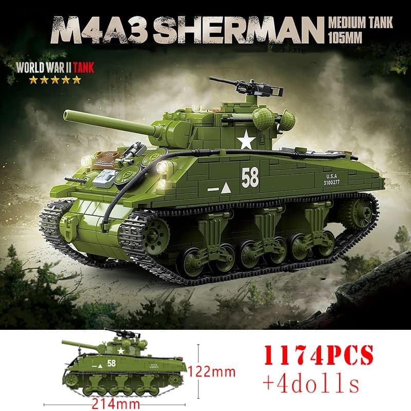 100277 Blocchi da Costruzione Carro Armato Medio Sherman M4A3 dell'Esercito USA, Giocattolo per Ragazzi