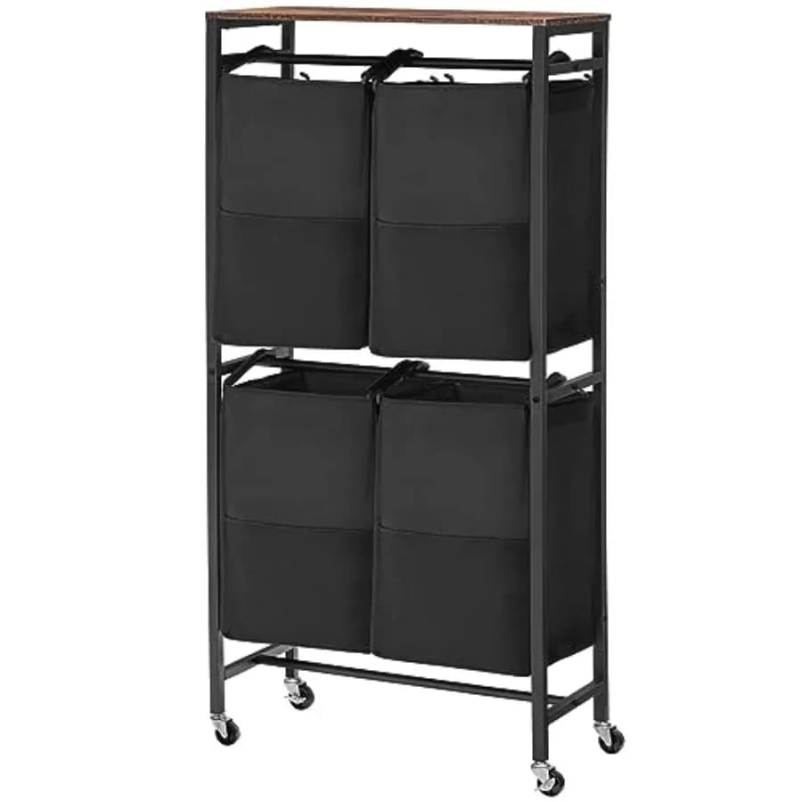 Wooden basket with wheels of 52 gallons with wheels for domestic use 2-tier trolley with 4 bags removable in rustic brown bue fabric