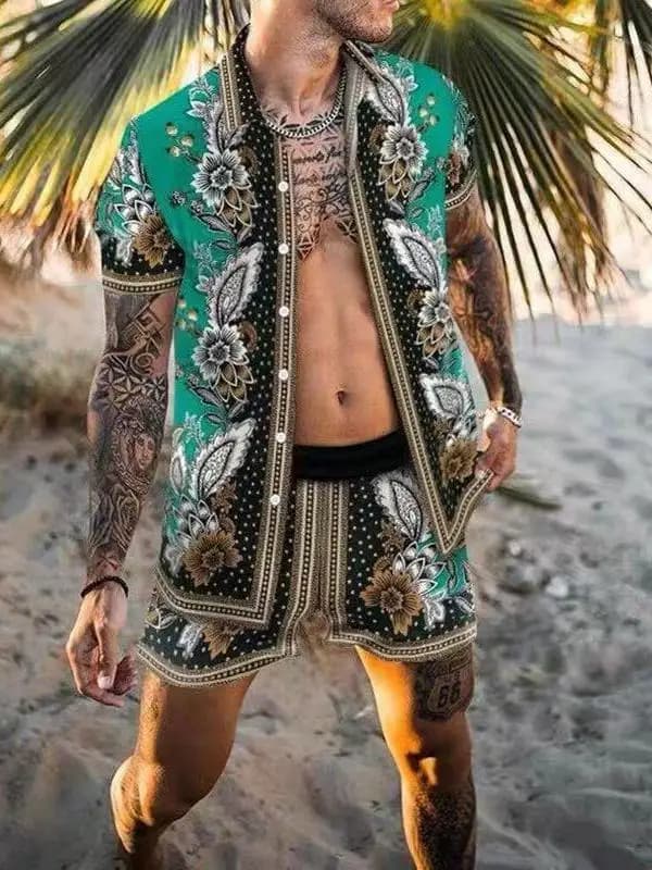 Camicia estiva da uomo casual a maniche corte e pantaloncini corti, set in stile etnico da spiaggia, abbigliamento alla moda per giovani, completo con pantaloni corti