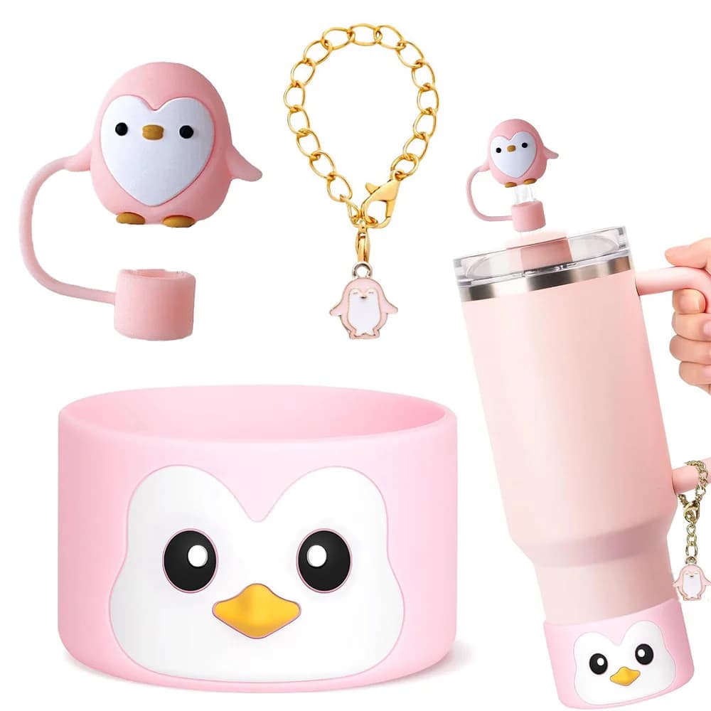 3pcs Cup Accessories Set for 30oz 40oz Tumbler Cup Penguin Straw Cover Topper Keychain Charm and Silicone Boot for Stanley