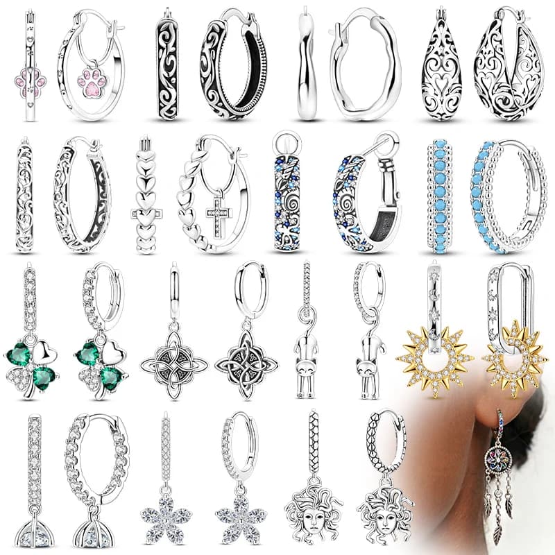 925 Sterling Silver Hoop Earrings Pendant Earrings Cross Sun Dreamcatcher Pendientes For Woman Jewelry