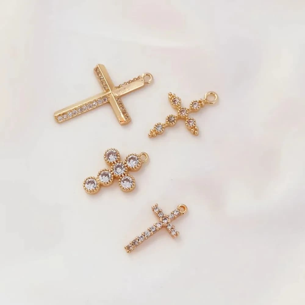Bracciale con ciondolo croce con zirconi placcati in oro 14 carati, ciondolo per collana, orecchini e accessori fai da te