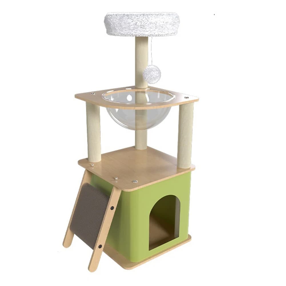 Albero per Gatti Verde con Piattaforma di Salto in Peluche, Palla Sospesa, Struttura per Arrampicata, Torre Multilivello per Gatti da Interno