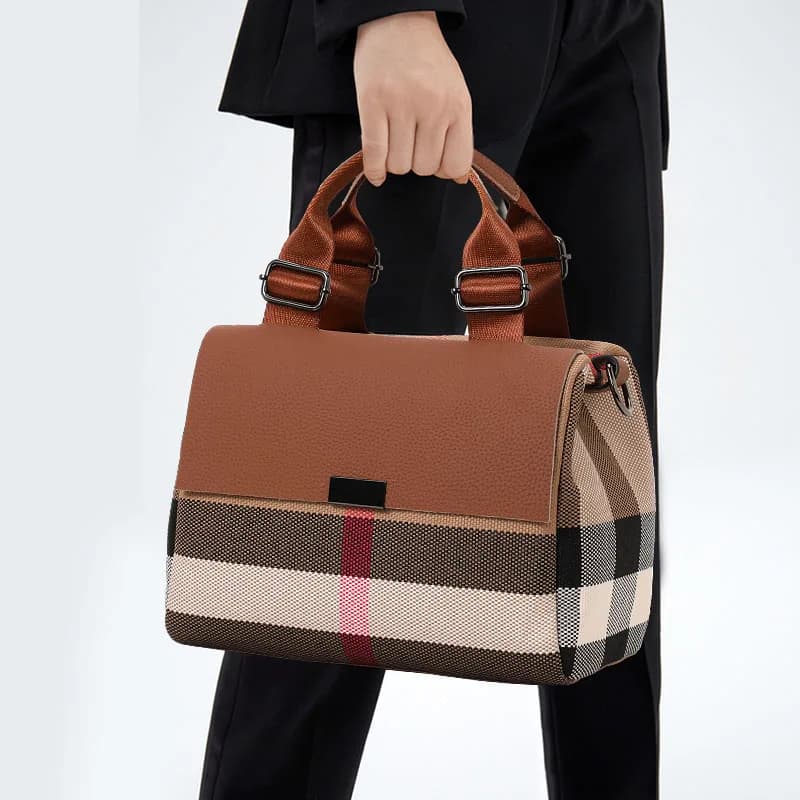 Canvas and Cowhide Leather Women Satchel Bag, Plaid Stripe Handbag with Adjustable Strap for Travel Daily Use