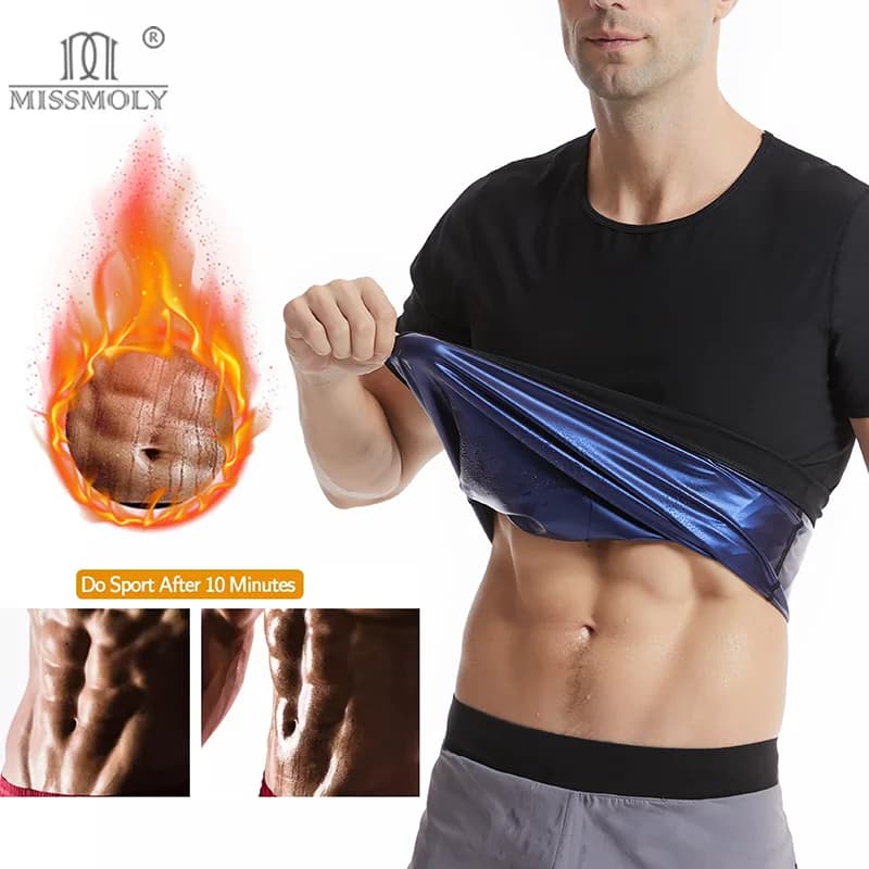 Miss Moly Men's Sauna Sweat T-shirt Short Sleeve Tank Tops Slimming Suit Body Shaper Shapewear Tummy Control Underwear Fitness