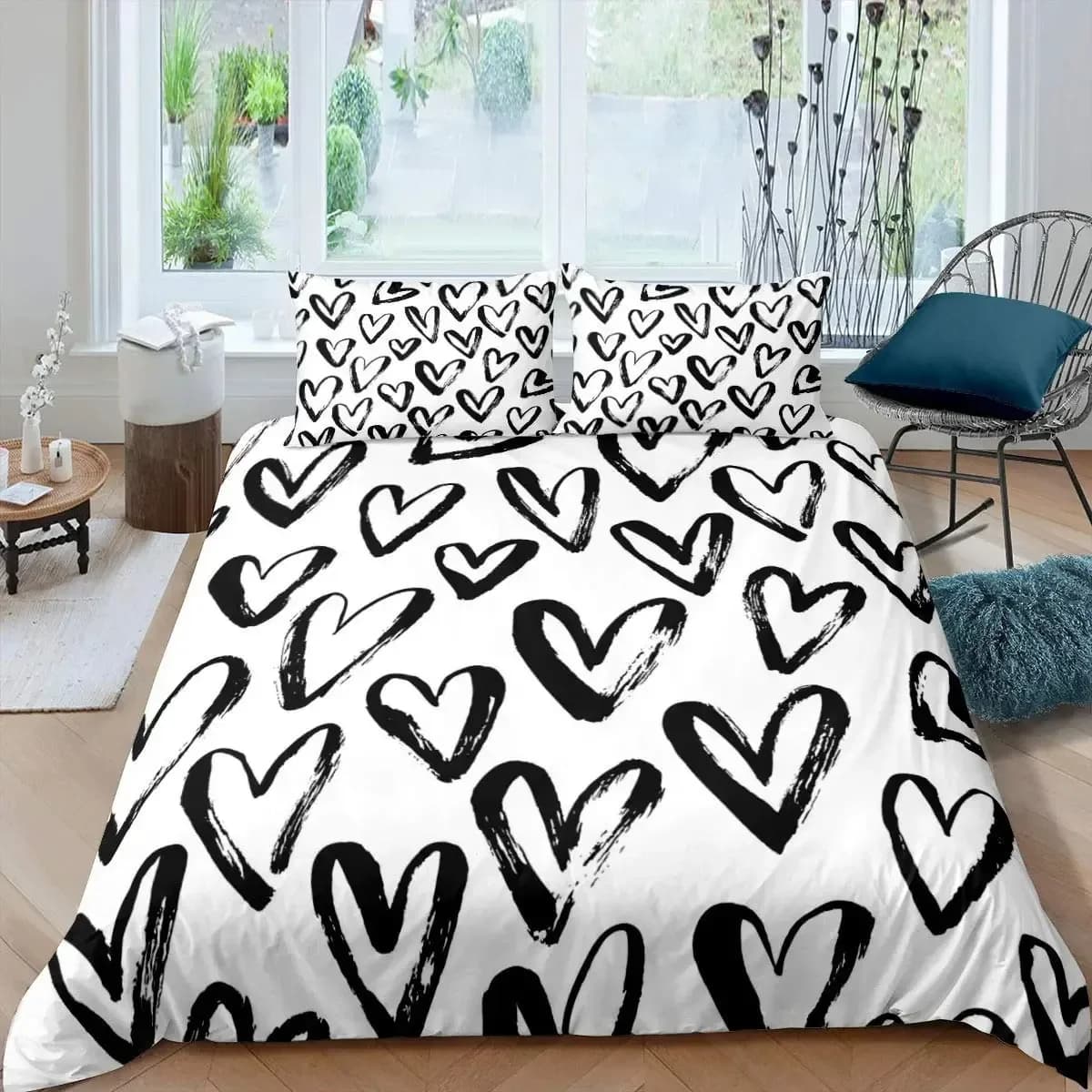 Set copripiumino Love Queen, set di biancheria da letto a forma di cuore Copripiumino Love Heart, copripiumino bianco e nero per ragazze e ragazzi Full Size