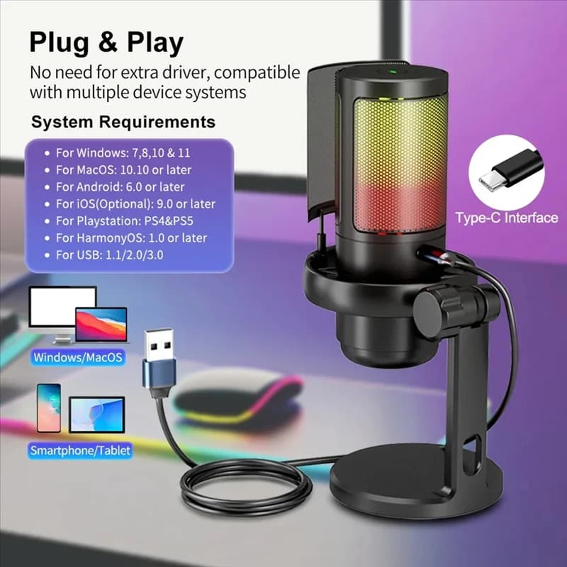 ABKN-Gaming RGB microphone, USB microphone for PC for streaming, podcast, recording, desktop microphone for Mac/PS4/PS5 Dur
