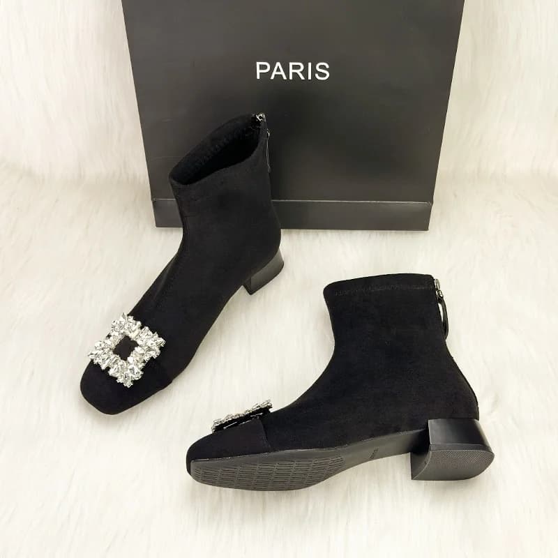 Stivali corti da donna con tacco grosso blu e strass, stivali invernali alla moda con punta quadrata e fodera calda in pile
