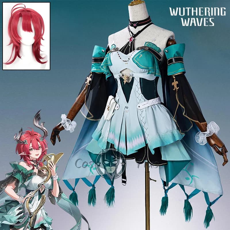 Wuthering Waves Ciaccona Cosplay Costume Wig Gonna Dress Covers Crew Neckline Punches Full Set for Women Girls Carnival Party Rebirth