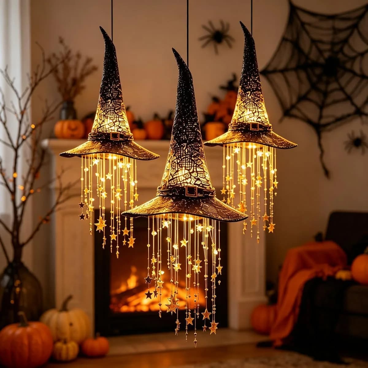 Lighted Witch Hat Hanging Chime, Halloween Outdoor Ornament, Glowing Mesh Cascading Stars, Black Frame Decoration, Party Decor