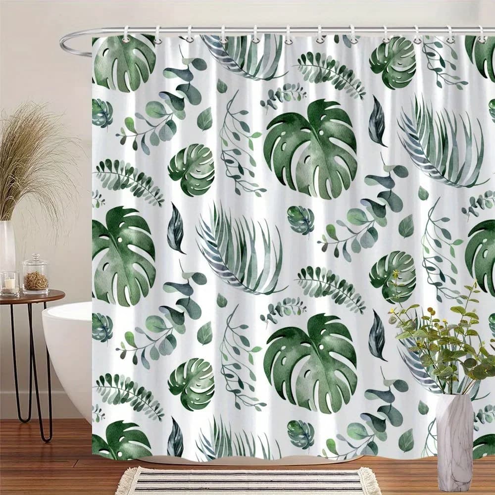 Tenda da doccia stile acquerello con foglie tropicali - Fogliame verde Monstera, poliestere, lavabile in lavatrice, tema alla moda