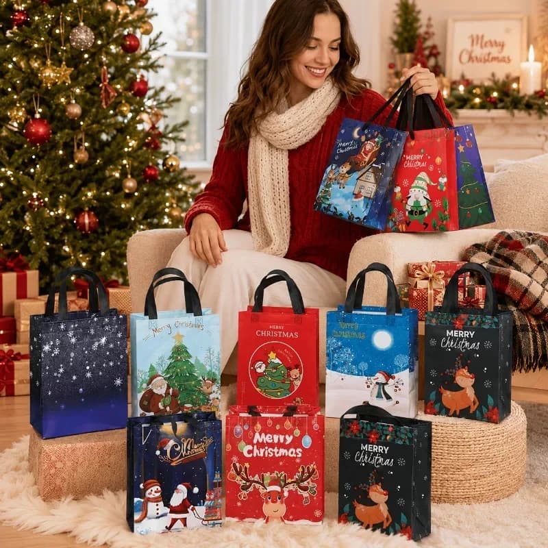 50 Pack Christmas Gift Bags with Handles, Reusable Non-Woven Shopping Tote Bags for Xmas Party Decorations & Gift Wrapping