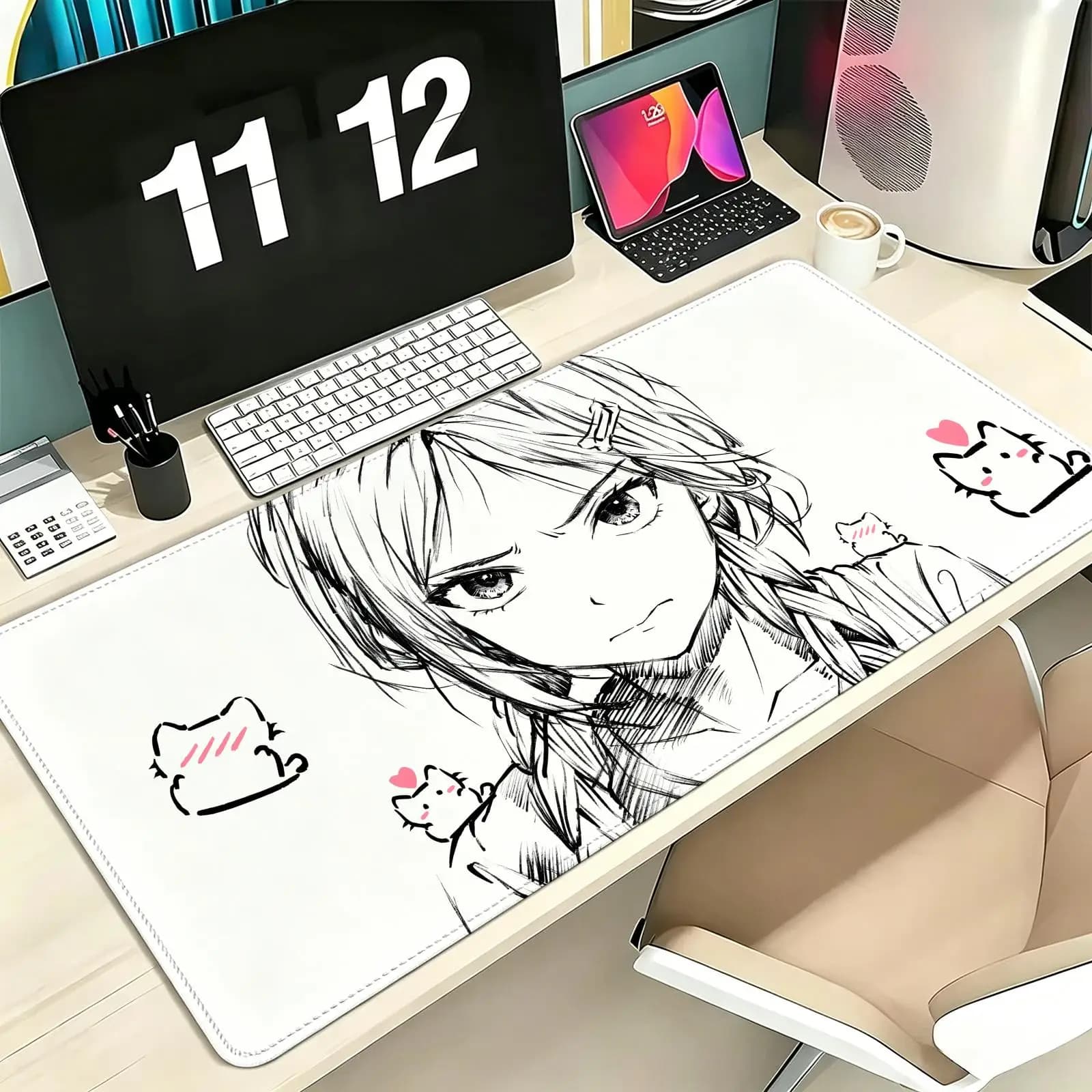 Pro E-Sports XXL Gaming Mousepad Stitched Edge Keyboard Laptop Desk Mat For PC Gamer Sketch Style Anime Girl with Little Cats