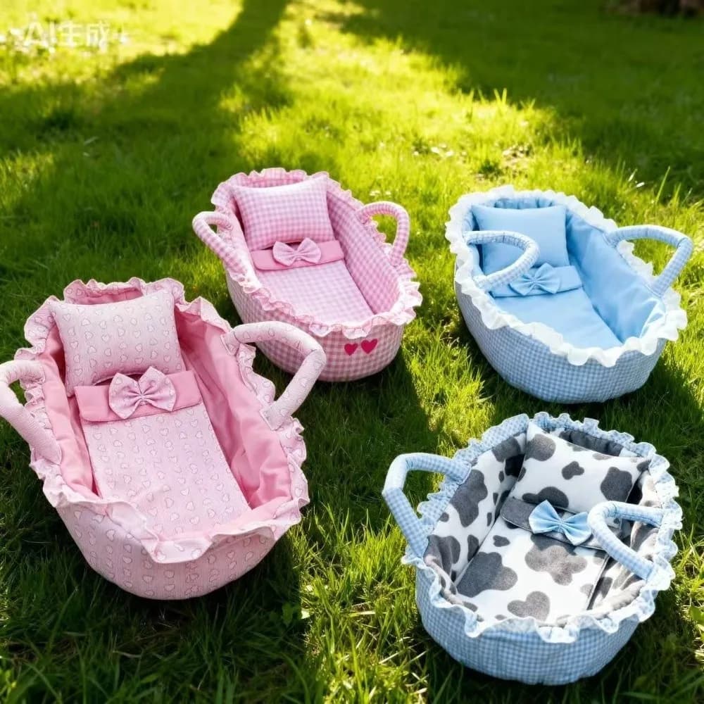 Cesto per bambole con design a strappo, in morbido cotone a quadretti rosa, accessori per casa delle bambole, design arricciato, materiale lavabile, giocattoli per il gioco di imitazione