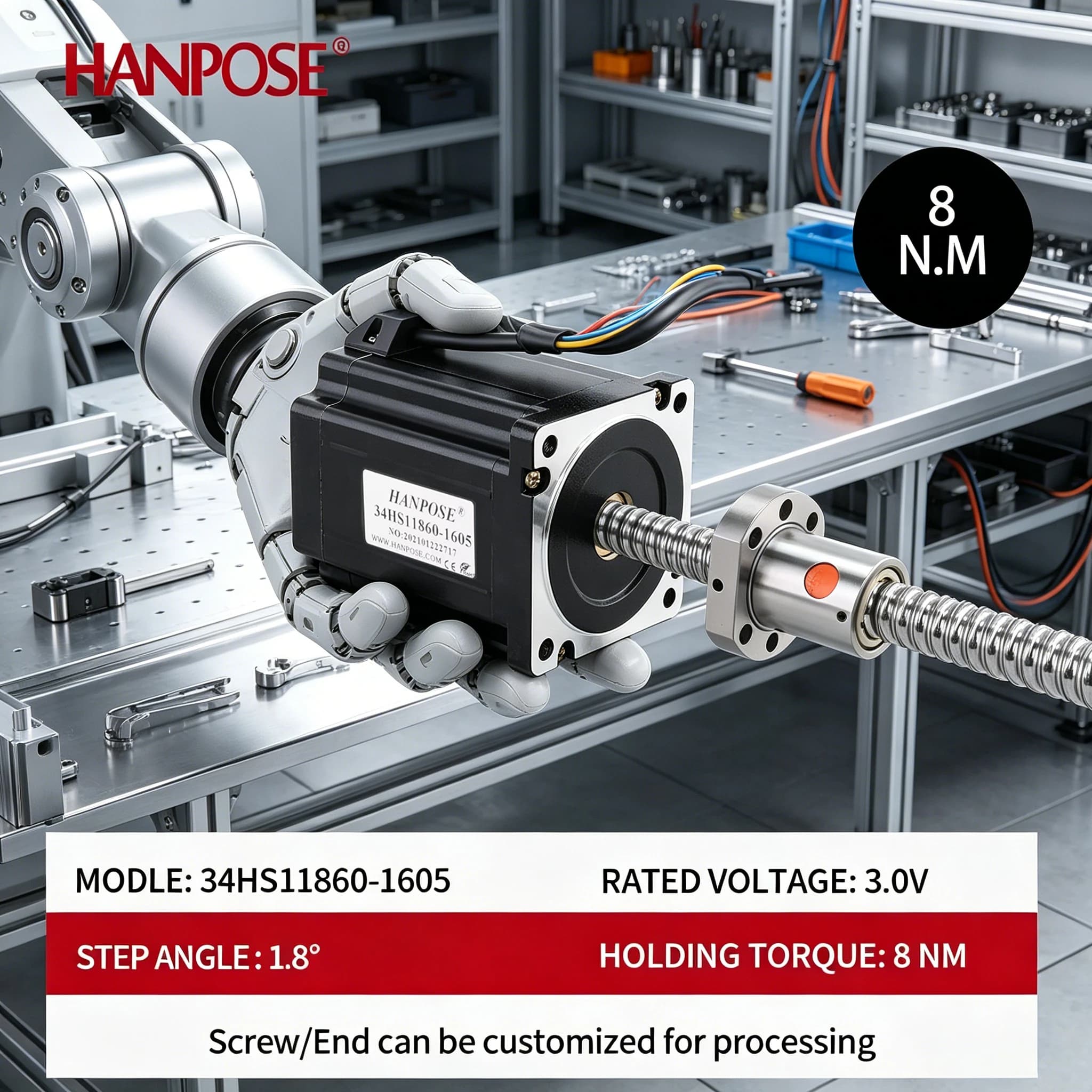 Motore passo-passo 86 NEMA34 con freno a magnete permanente e vite a ricircolo di sfere, 8N.M 6A 34HS11860-SFU1605, 100-300mm, per CNC e stampanti 3D