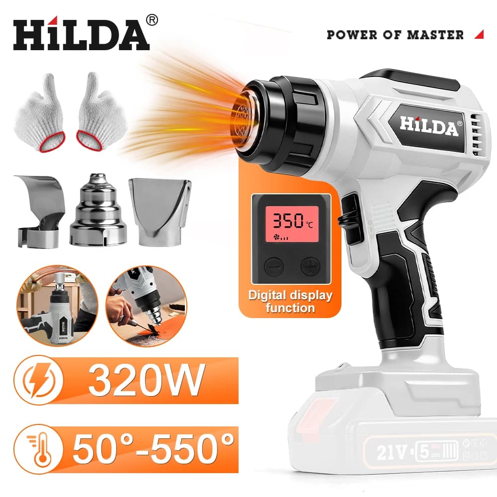 Pistola ad Aria Calda HILDA Portatile con Ugelli, Temperatura Regolabile e Non Regolabile, Compatibile con Batteria Makita 21V