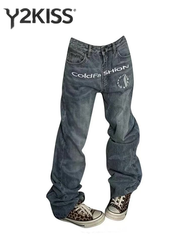 Women's Baggy Stacked Jean Grunge Denim Pants Y2K Japanese Abi Harajuku 2000s American Retro Long Trousers Punk Boyfriend Tide