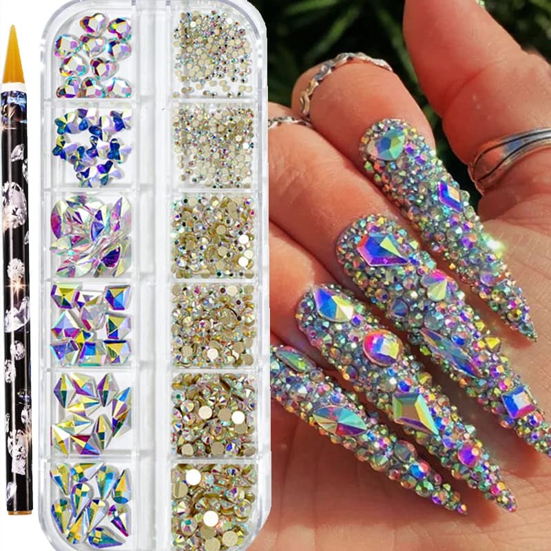 12 griglia/scatola rosa rotondo di lusso per nail art strass con 1 pezzo di cera che punteggia penna di diamanti set di cristalli 950-1020 pezzi di pietre rosa di dimensioni miste