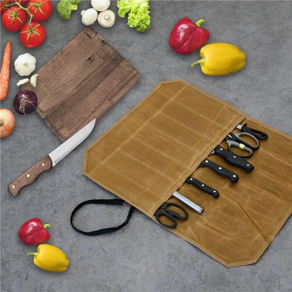 Camping Outdoor Chef Knife Bag Waxed Canvas Wear Resistant Waterproof Durable Portable Multi Slot Home Kitchen Storage Bag