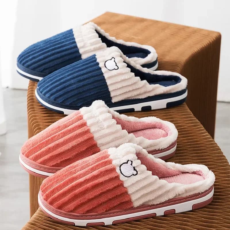 Home Warm Slippers Winter Bedroom Non-Slip Couples Cute Cartoon Bear Shoes Soft Furry Flats Home Fashion Autumn Plush Slides