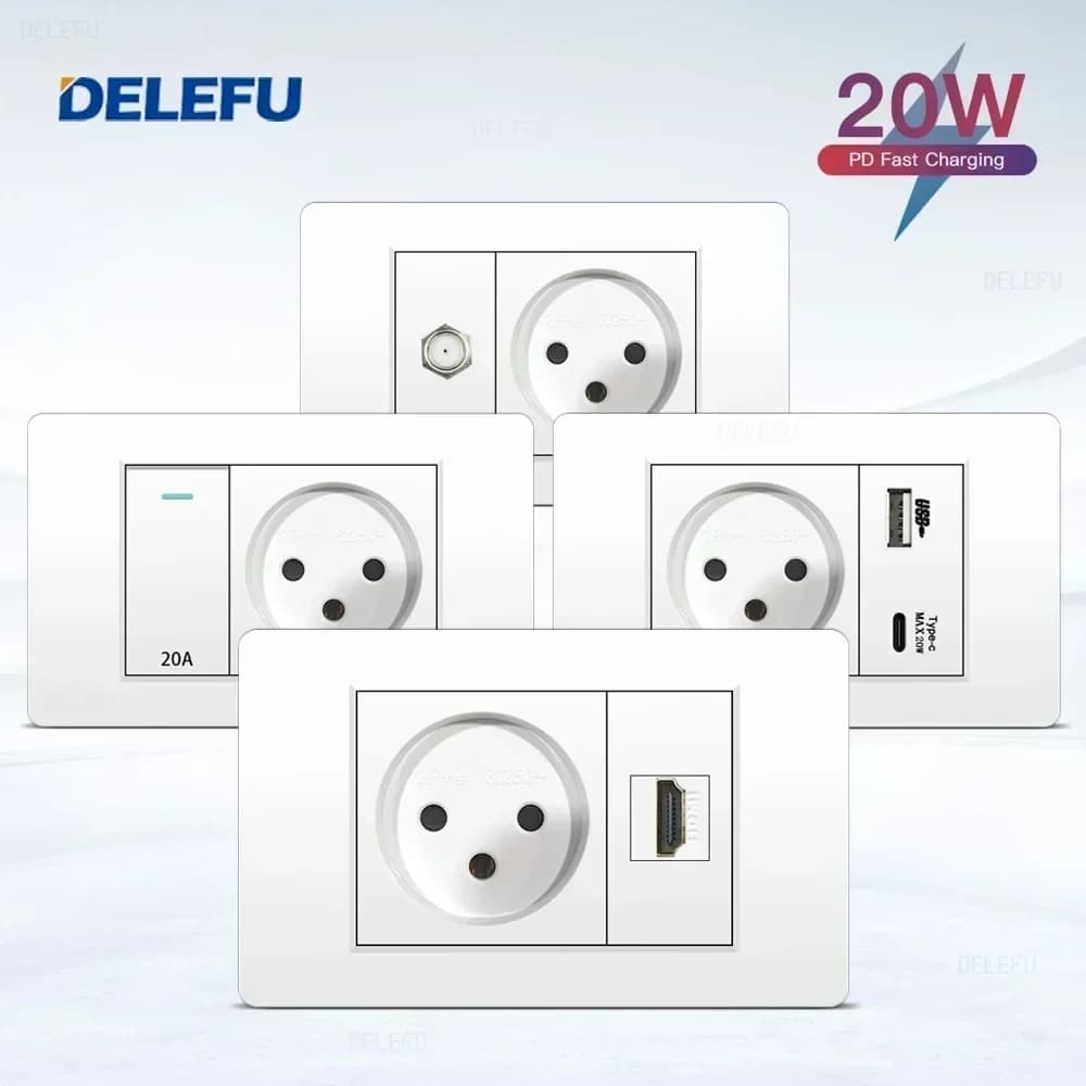 DELEFU Bianco Ritardante PC Israele USB Tipo C Ricarica Veloce Presa A Muro Luce Tuya Wifi Smart Switch Sat TV Tel Campanello Tenda