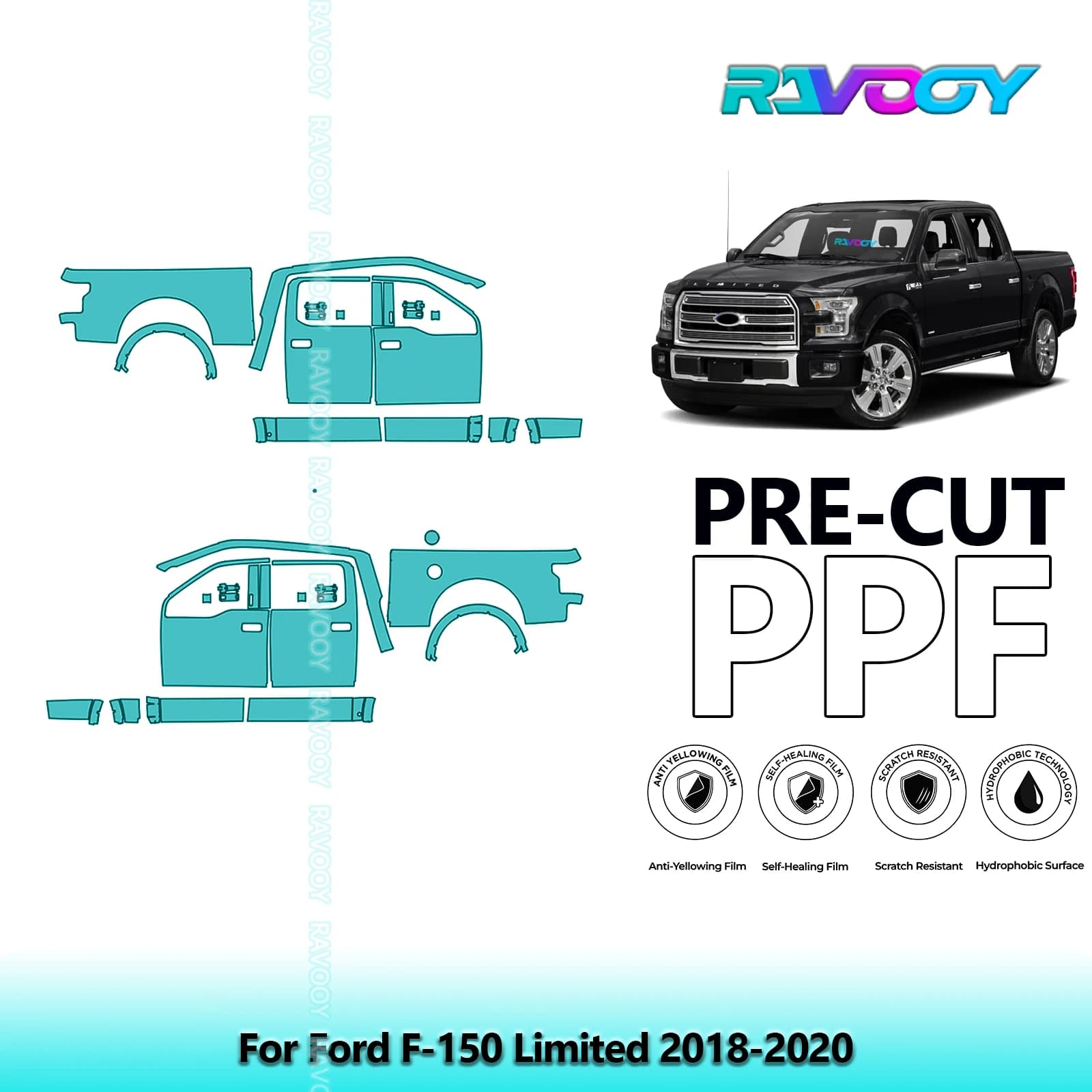For Ford F-150 Limited 2018-2020 8.5mil Transparent Opaque Pre-Cut PPF Door and Kit Pillar A/B Protection Film TPU