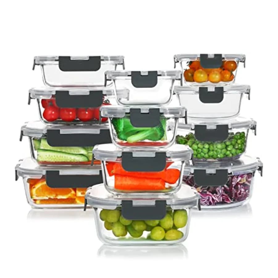 Set di 24 contenitori in vetro per alimenti, contenitori per la preparazione dei pasti - Contenitori impilabili in vetro ermetici con coperchi, adatti per il congelatore.