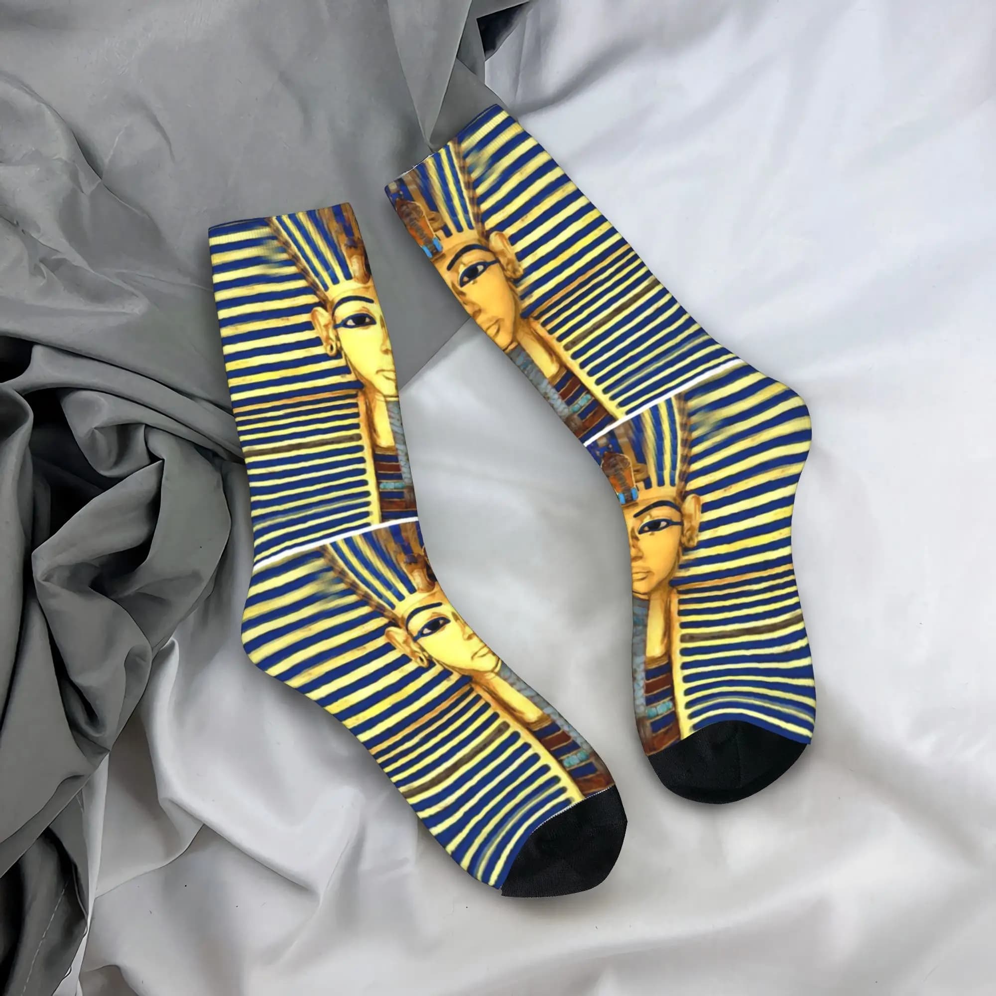Calzini Personalizzati Harajuku con Faraone Re Tut in Oro e Lapislazzuli, Calzini Sportivi Egiziani con Stampa 3D per Uomo e Donna
