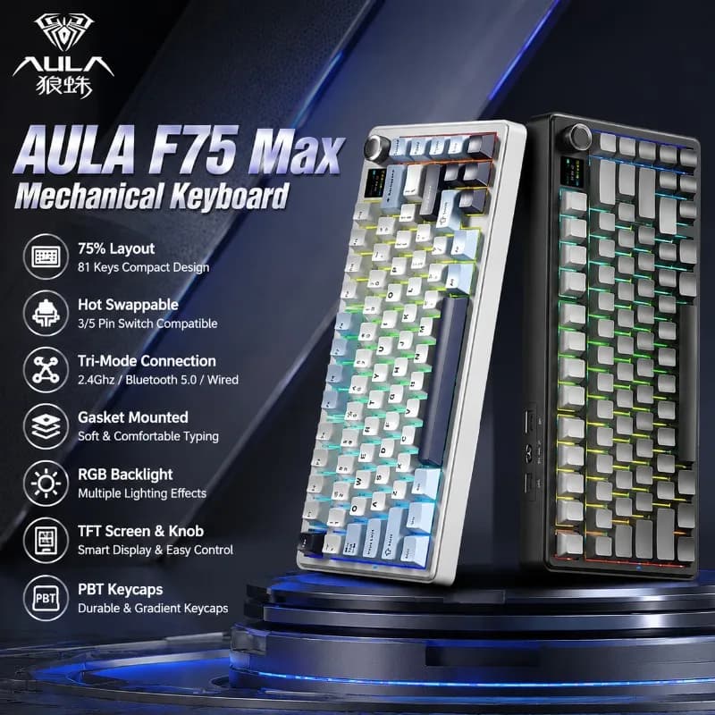AULA F75 Max Mechanical Keyboard 75% Layout Tri Mode Wireless RGB Gaming Keyboard Hot Swappable Gasket Mounted TFT Screen Knob