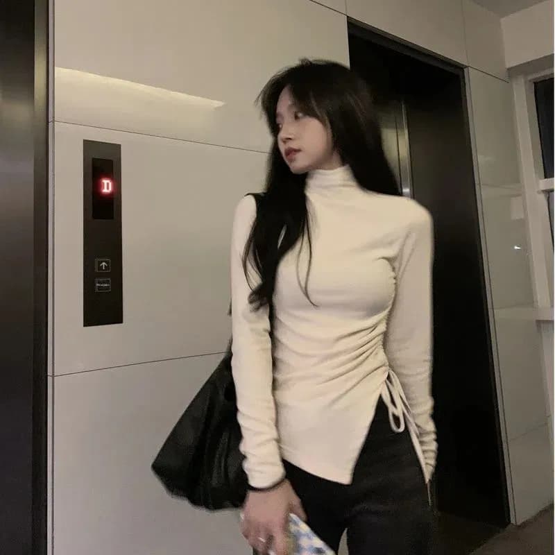 Women's High Collar Thickened Slim Fit T-Shirt Thermal Base Layer Shirt Korean Style Pure Color Long Sleeve Crew Neck Top