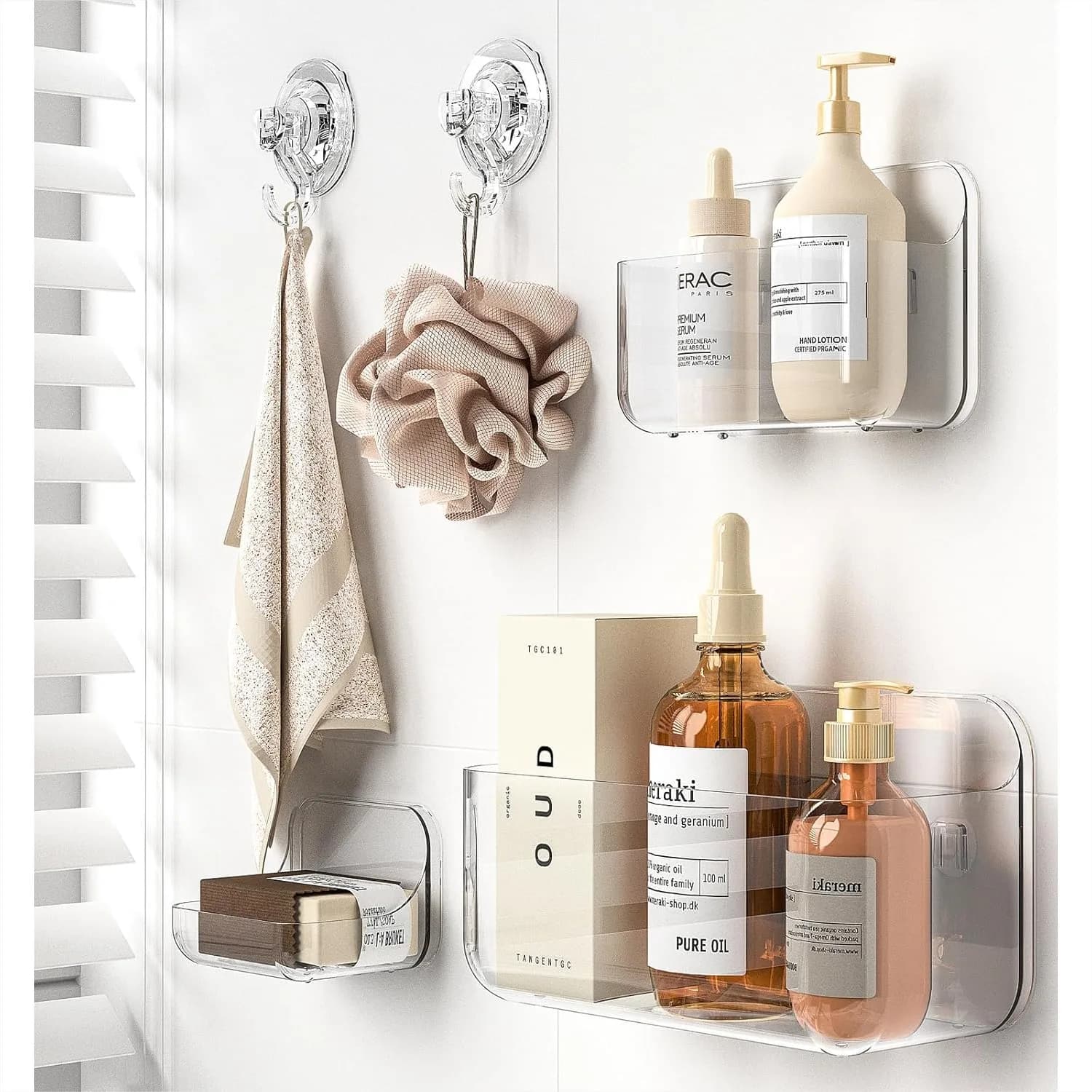 Set di 5 Mensole per Doccia in Acrilico Trasparente, Organizzatore da Bagno Adesivo a Parete con Porta Sapone e Ganci