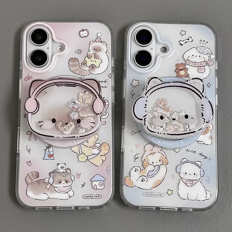 Happy Cute Kitten Puppy Bracket Case Compatible for IPhone 15 16 11 13 14 Pro Max X XR XS Max 16 15 Plus SE 2020 New Imd Cover