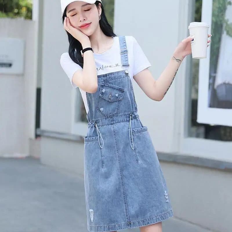 New Summer Woman Girl Denim Pinafore Dress with Slit Vintage Blue Jeans Jumper Skirt Dress with Strap Overalls
