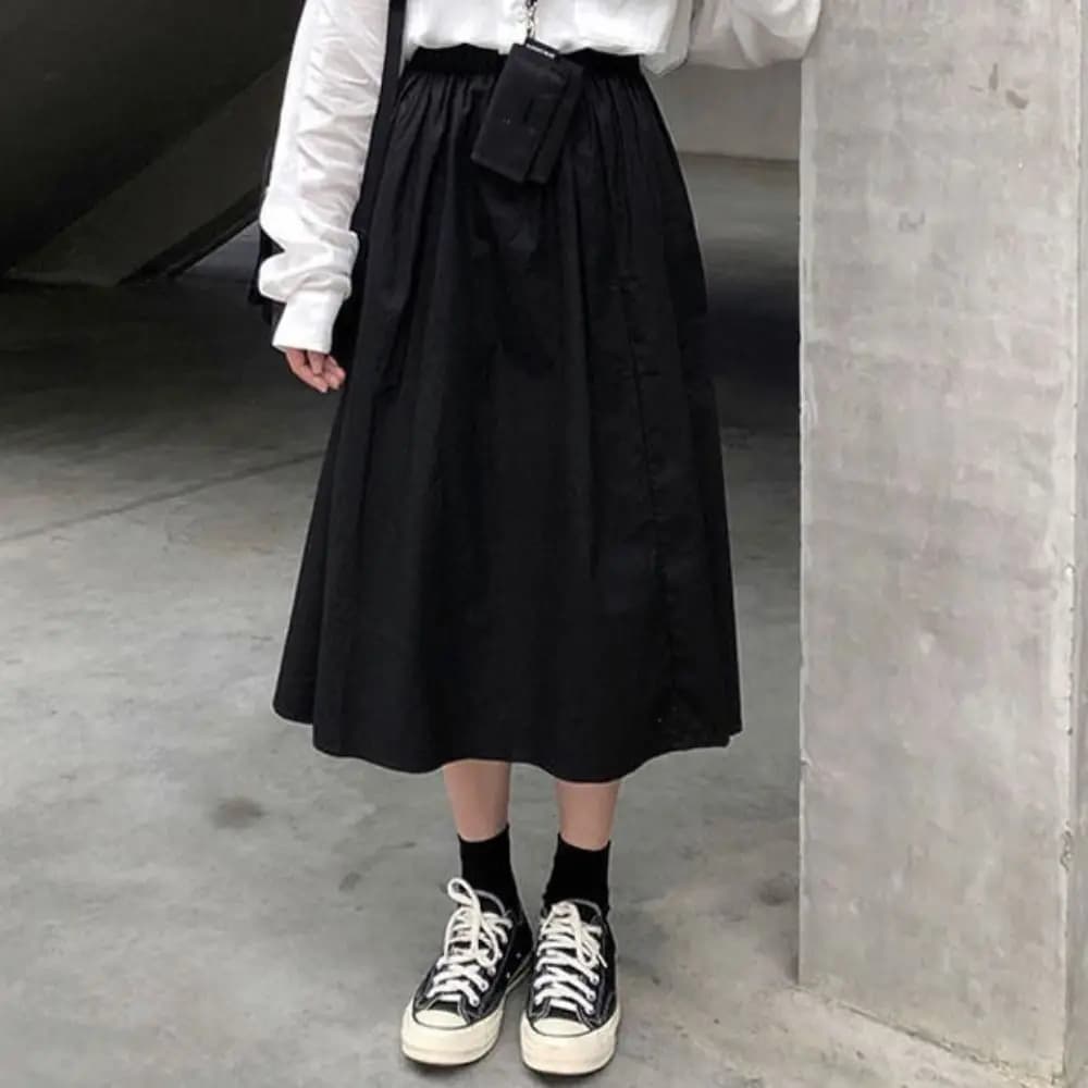 Simple High Waist Long Skirt Women Solid Color Chic High Waist Long Skirt Patchwork Loose A-line Half Dress Girl