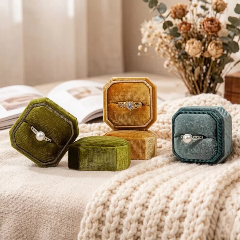 Vintage Octagon Square Velvet Ring Box, Single/Double with Detachable Lid, Earrings Proposal Wedding Pendant Storage Case