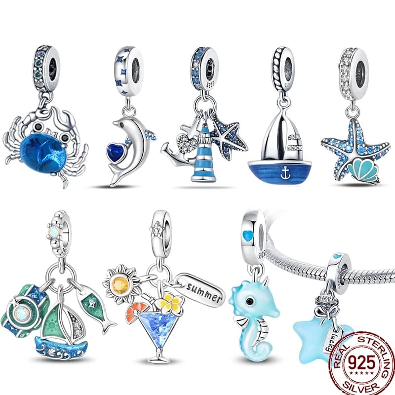 100% argento sterling 925 spiaggia sabbia granchio spiaggia oceano vacanza gioielli perline adatto braccialetto originale gioielli per le vacanze fai da te