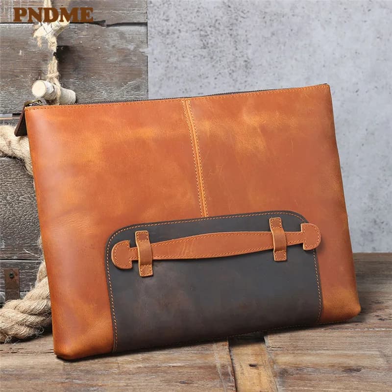 Vintage handmade genuine leather large-capacity men's clutch bag simple designer natural real cowhide work laptop A4 file bag