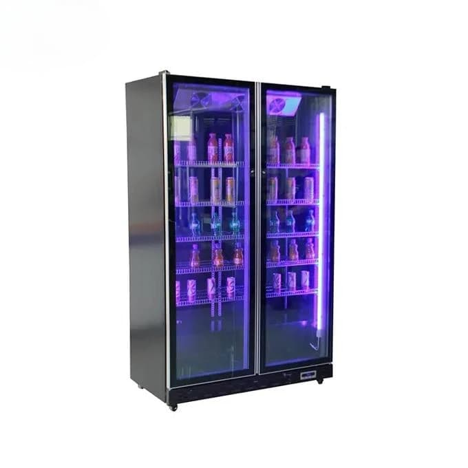 Frigorifero verticale commerciale Armadietto per vino Congelatore in vetro a doppia porta Frigorifero per vetrina Pepsi Cola con luce a LED