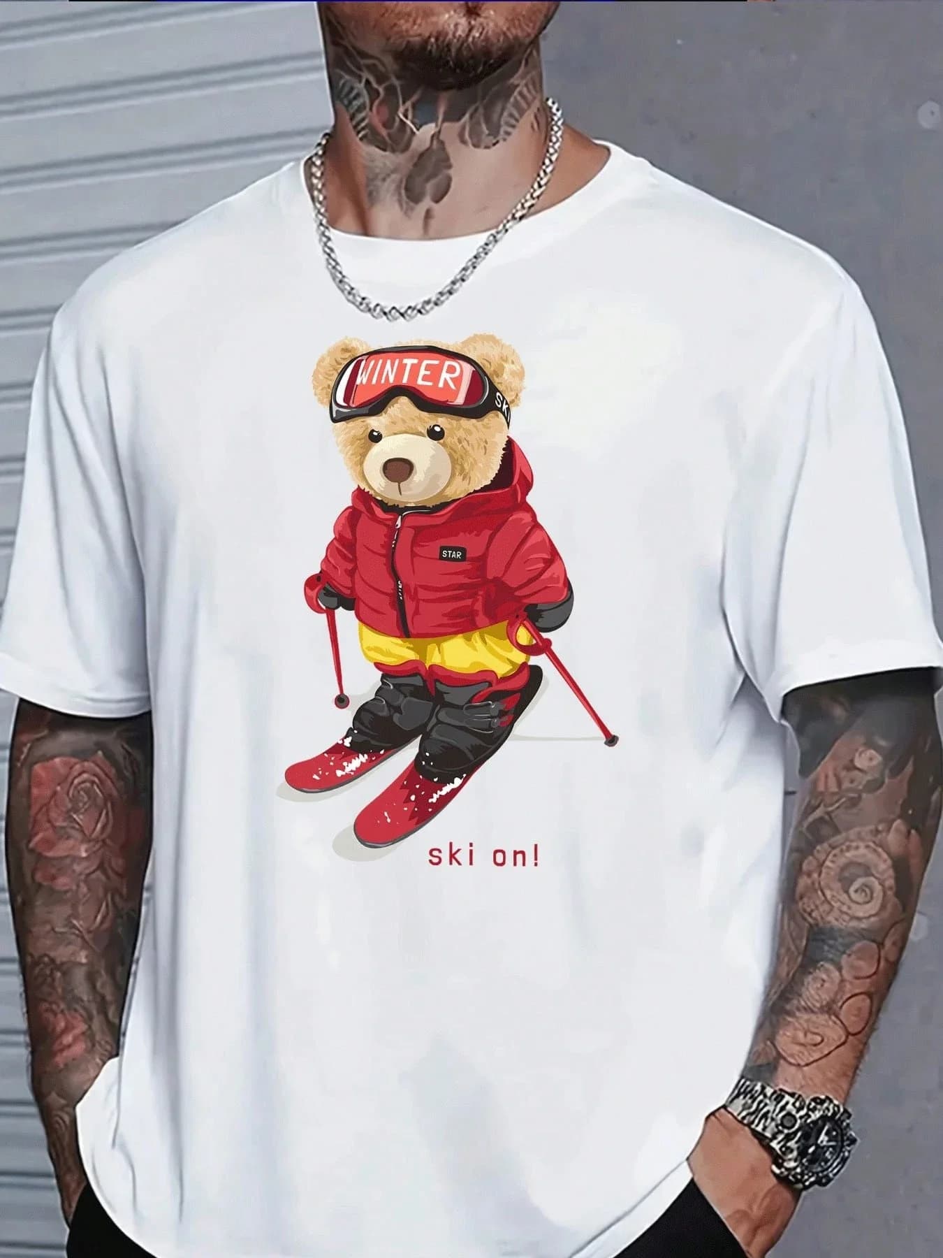 Men's Patterned T-Shirt, Featuring A Skiing Bear Wearing A Red Jacket, Yellow Pants, Red Ski Boots, And Ski Poles, Perfect For Casual Sportswear